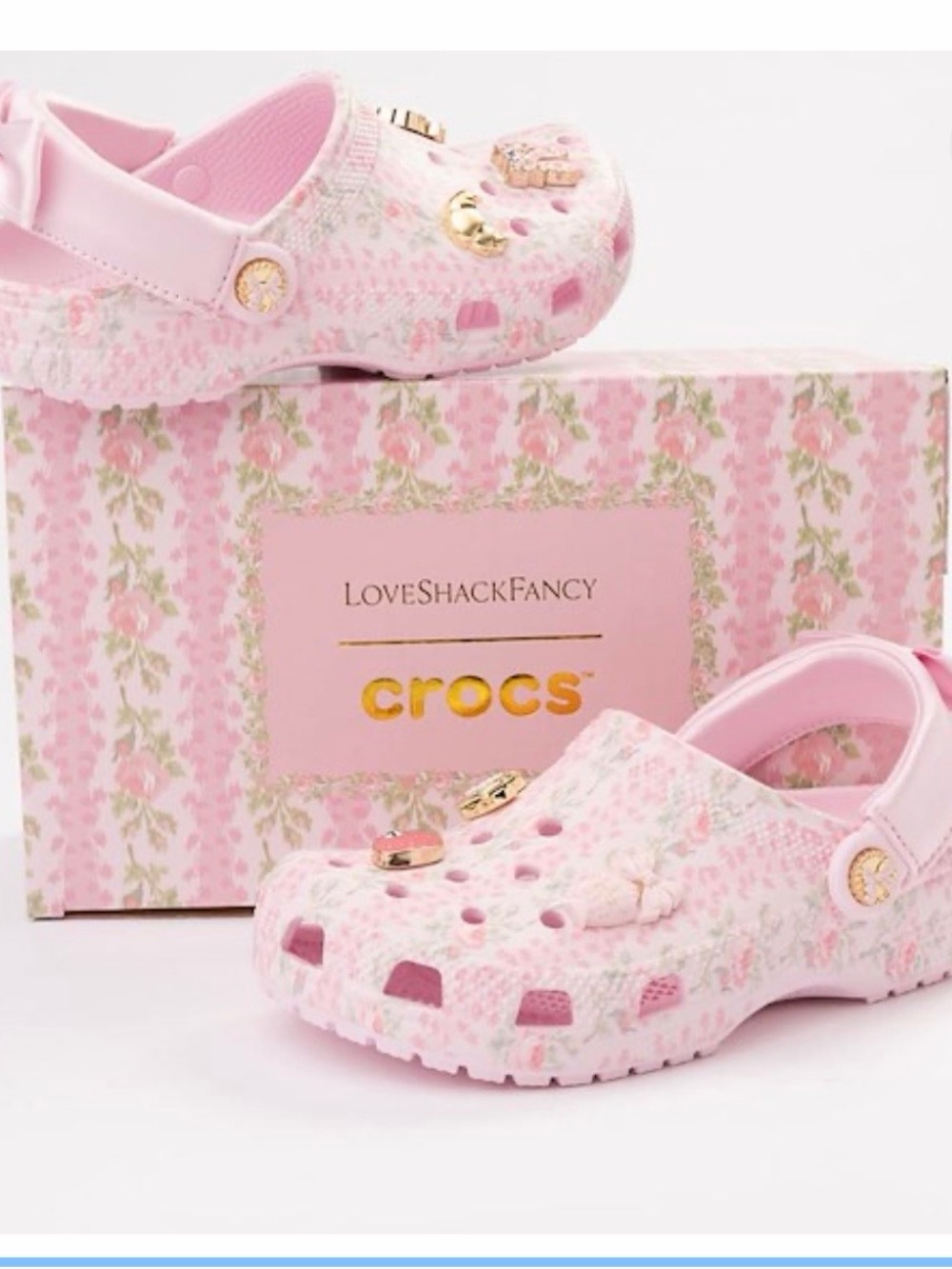 CROCS Kids' Pink Floral Classic Clog with Gold Charm Accents